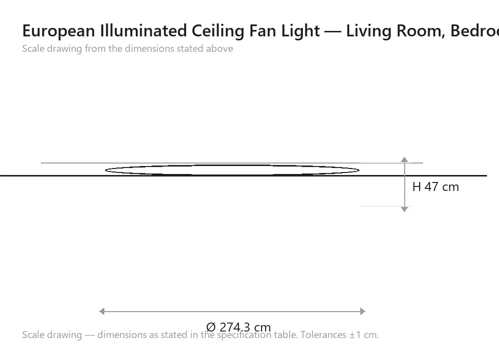 European Illuminated Ceiling Fan Light — Living Room, Bedroom & Dining Room — scale drawing, Ø 274.3 cm × H 47 cm