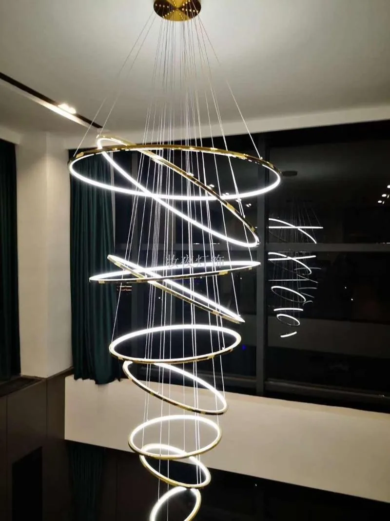 Modern Stainless Steel Ring Chandelier — Duplex, Stairwell & Villa — view 17