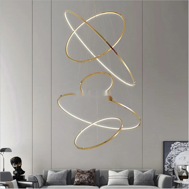 Modern Stainless Steel Ring Chandelier — Duplex, Stairwell & Villa — view 1
