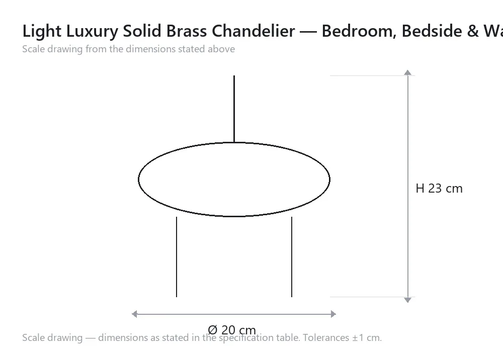 Light Luxury Solid Brass Chandelier — Bedroom, Bedside & Walkway — scale drawing, Ø 20 cm × H 23 cm