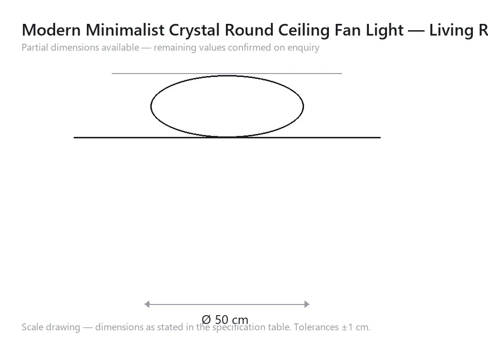 Modern Minimalist Crystal Round Ceiling Fan Light — Living Room — 尺寸图，Ø 50 cm
