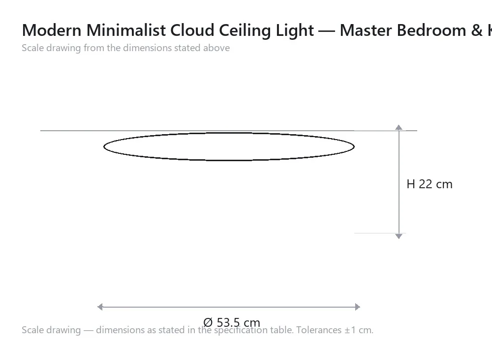 Modern Minimalist Cloud Ceiling Light — Master Bedroom & Kids Room — scale drawing, Ø 53.5 cm × H 22 cm