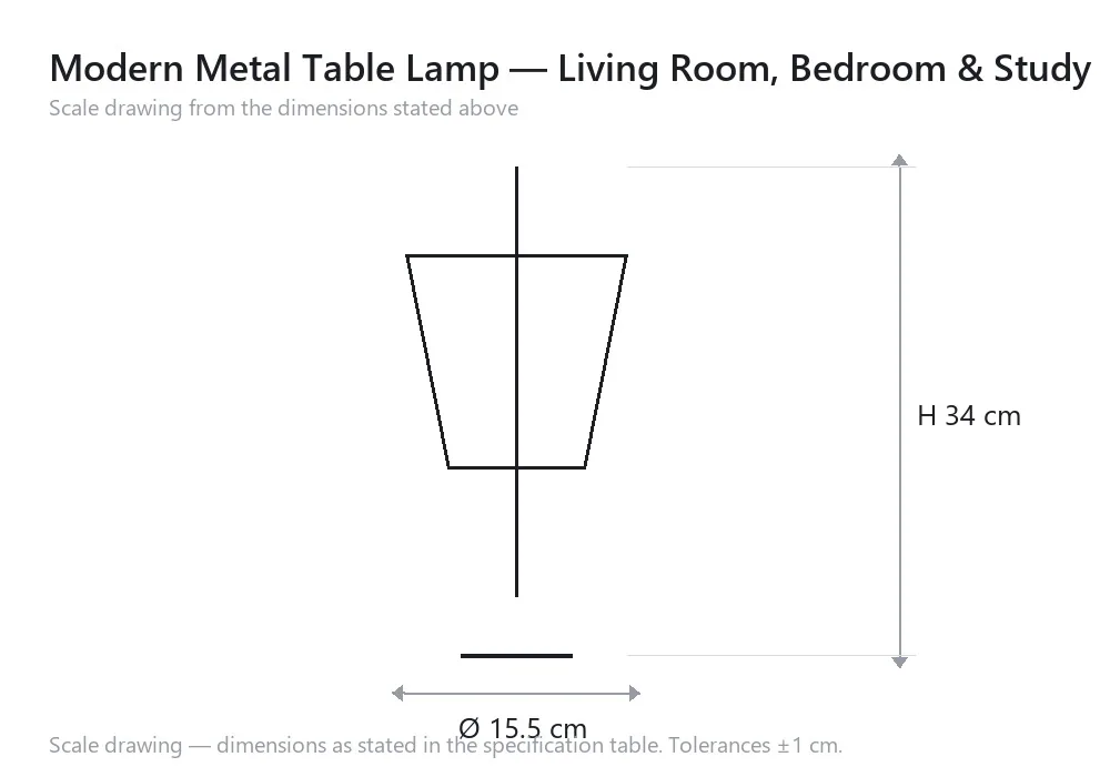 Modern Metal Table Lamp — Living Room, Bedroom & Study — scale drawing, Ø 15.5 cm × H 34 cm