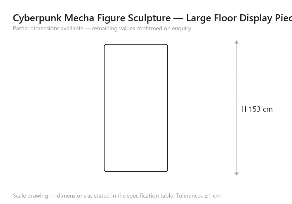 Cyberpunk Mecha Figure Sculpture — Large Floor Display Piece — scale drawing, H 153 cm