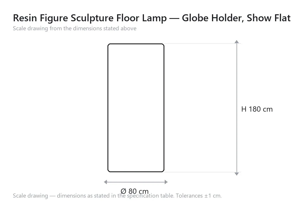 Resin Figure Sculpture Floor Lamp — Globe Holder, Show Flat Series — scale drawing, Ø 80 cm × H 180 cm
