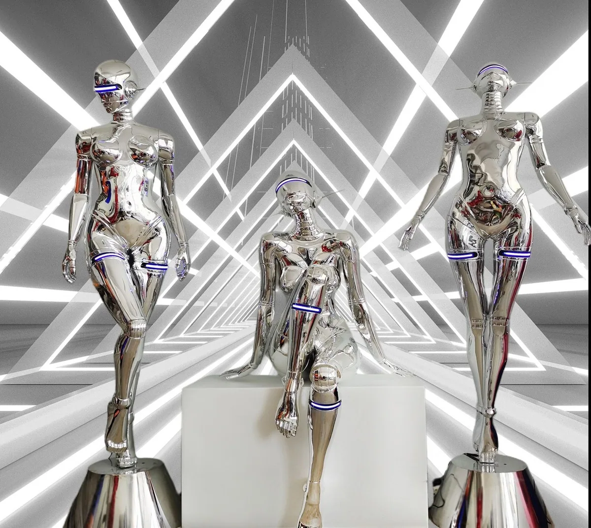 Electroplated Mecha Goddess Sculpture — Glass-Fibre Floor Art — view 3