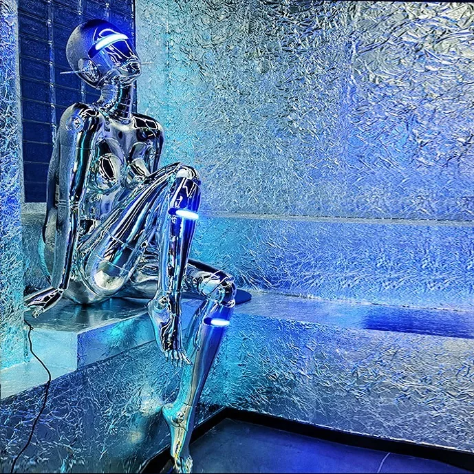 Electroplated Mecha Goddess Sculpture — Glass-Fibre Floor Art — view 4