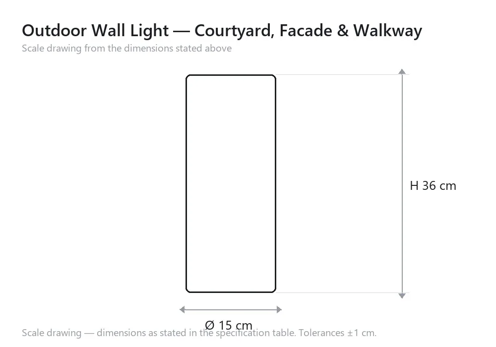 Outdoor Wall Light — Courtyard, Facade & Walkway — scale drawing, Ø 15 cm × H 36 cm