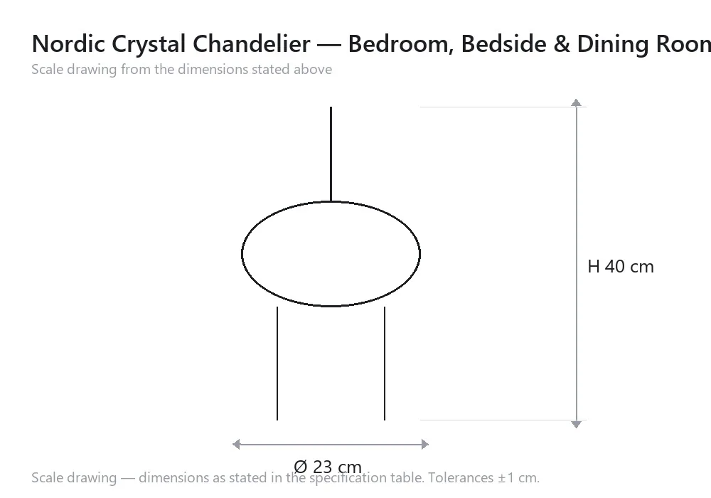 Nordic Crystal Chandelier — Bedroom, Bedside & Dining Room — 尺寸图，Ø 23 cm × H 40 cm