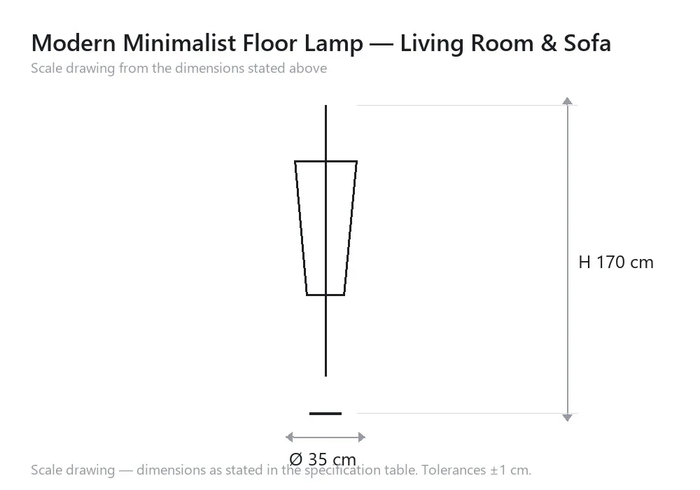 Modern Minimalist Floor Lamp — Living Room & Sofa — scale drawing, Ø 35 cm × H 170 cm