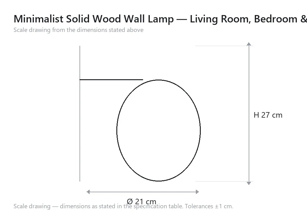 Minimalist Solid Wood Wall Lamp — Living Room, Bedroom & Bedside — scale drawing, Ø 21 cm × H 27 cm