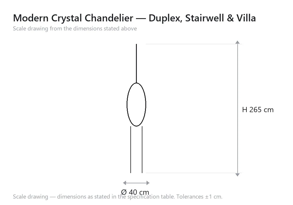 Modern Crystal Chandelier — Duplex, Stairwell & Villa — scale drawing, Ø 40 cm × H 265 cm