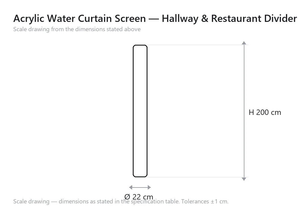 Acrylic Water Curtain Screen — Hallway & Restaurant Divider — scale drawing, Ø 22 cm × H 200 cm