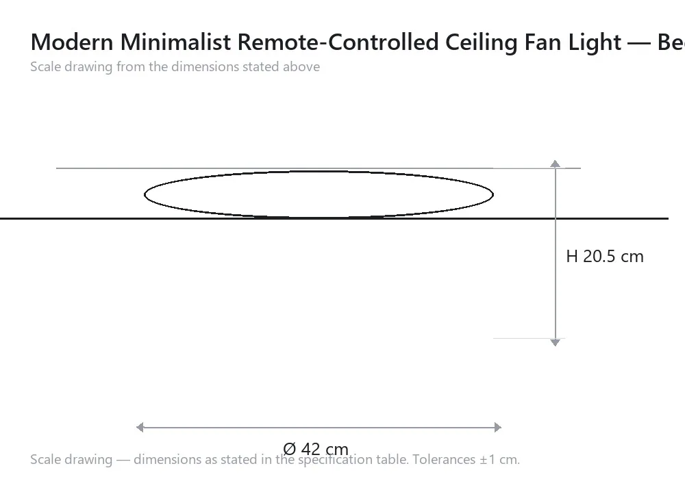Modern Minimalist Remote-Controlled Ceiling Fan Light — Bedroom — scale drawing, Ø 42 cm × H 20.5 cm