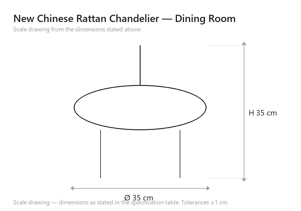 New Chinese Rattan Chandelier — Dining Room — scale drawing, Ø 35 cm × H 35 cm