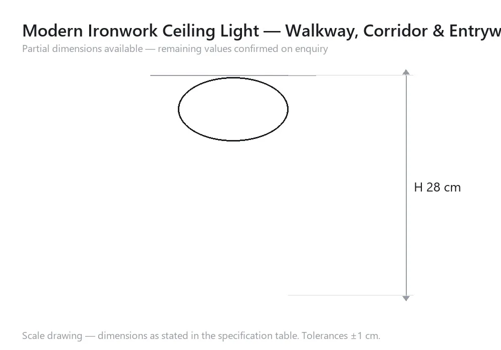 Modern Ironwork Ceiling Light — Walkway, Corridor & Entryway — scale drawing, H 28 cm