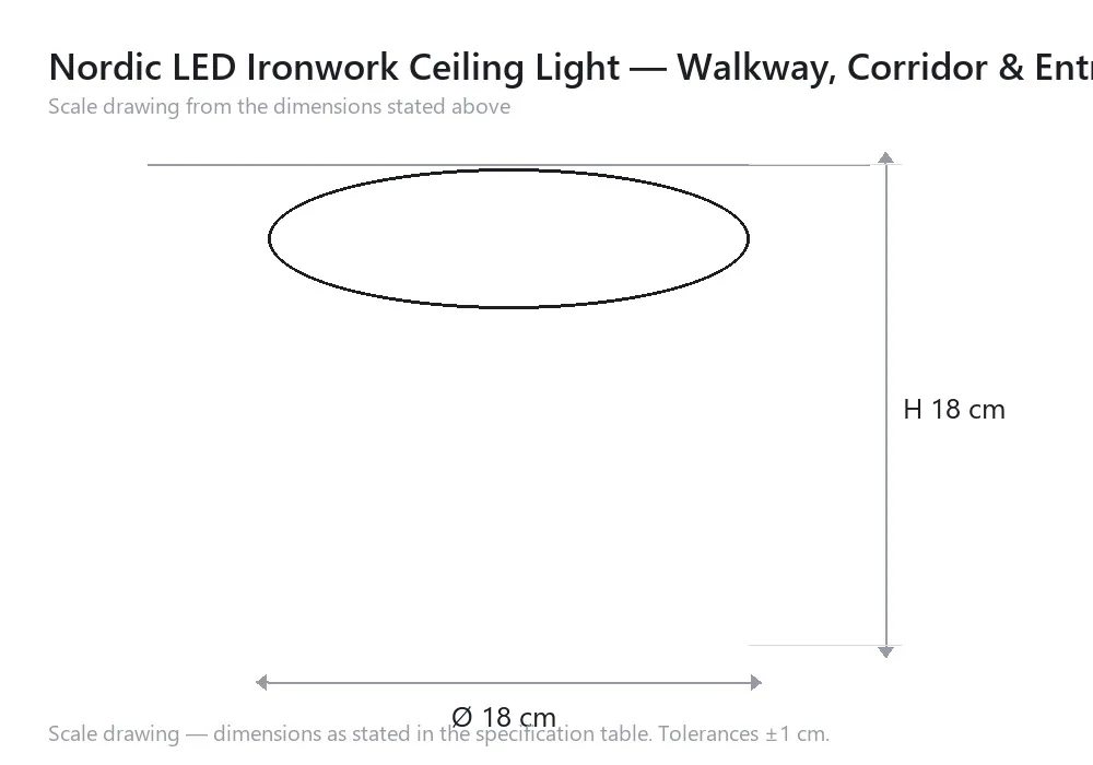 Nordic LED Ironwork Ceiling Light — Walkway, Corridor & Entryway — 尺寸图，Ø 18 cm × H 18 cm