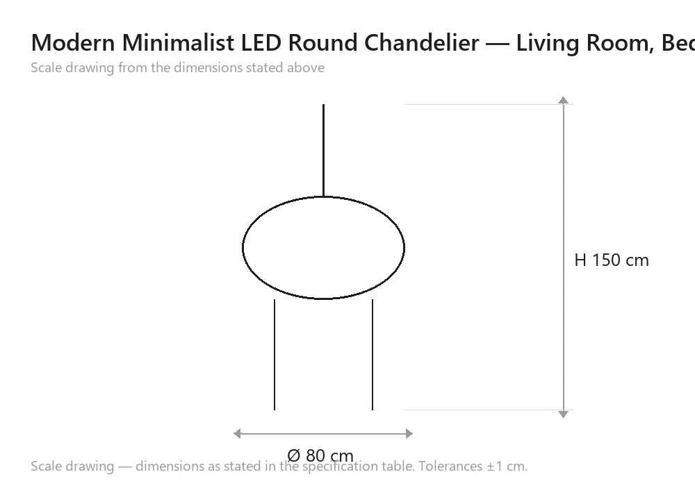 Modern Minimalist LED Round Chandelier — Living Room, Bedroom & Dining Room — scale drawing, Ø 80 cm × H 150 cm