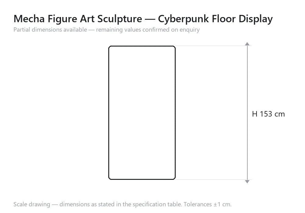 Mecha Figure Art Sculpture — Cyberpunk Floor Display — scale drawing, H 153 cm