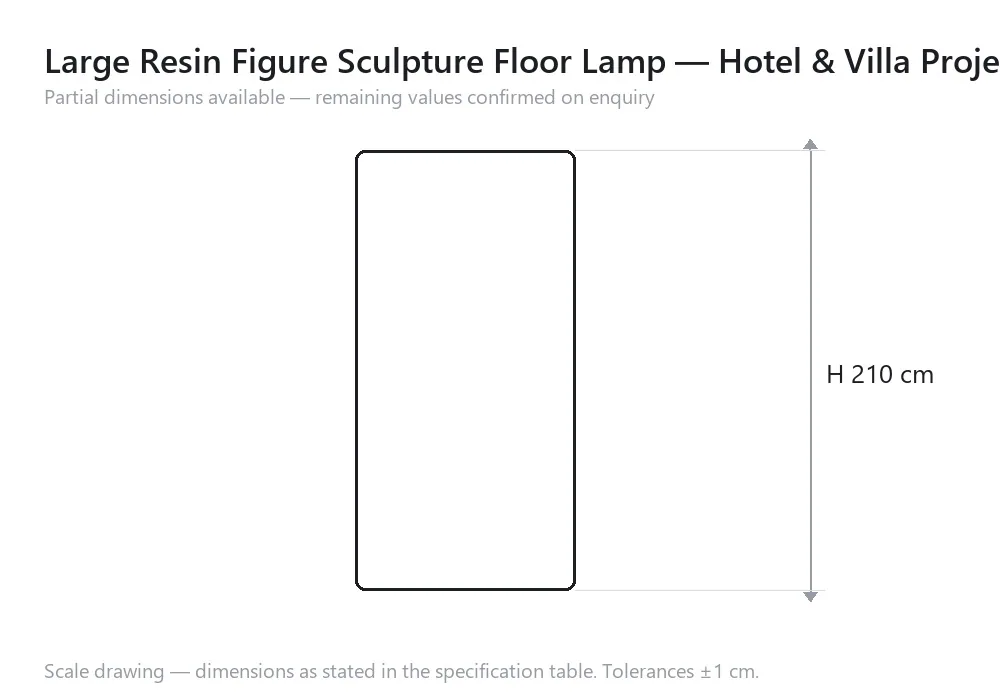 Large Resin Figure Sculpture Floor Lamp — Hotel & Villa Project — scale drawing, H 210 cm