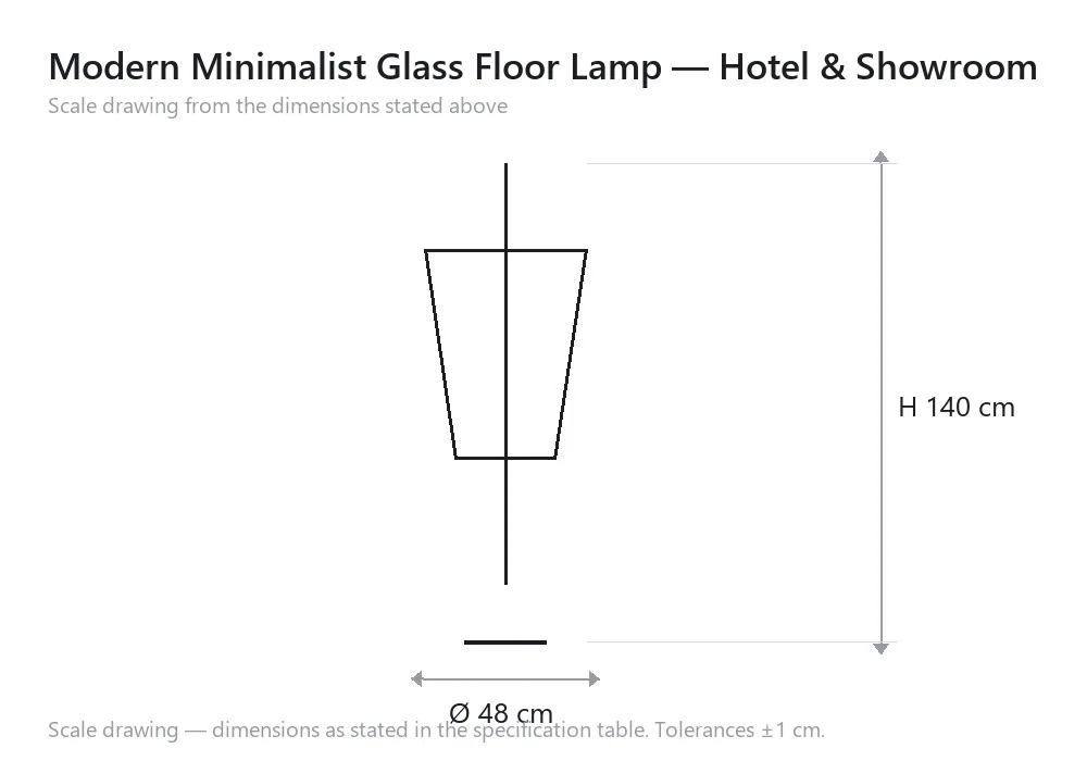 Modern Minimalist Glass Floor Lamp — Hotel & Showroom — 尺寸图，Ø 48 cm × H 140 cm