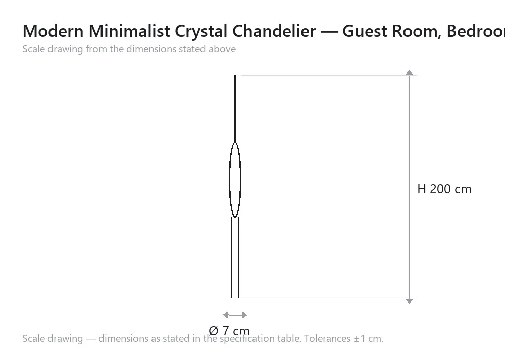Modern Minimalist Crystal Chandelier — Guest Room, Bedroom & Bedside — scale drawing, Ø 7 cm × H 200 cm
