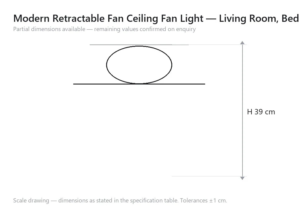 Modern Retractable Fan Ceiling Fan Light — Living Room, Bedroom & Dining Room (Model TM668472750179) — scale drawing, H 39 cm