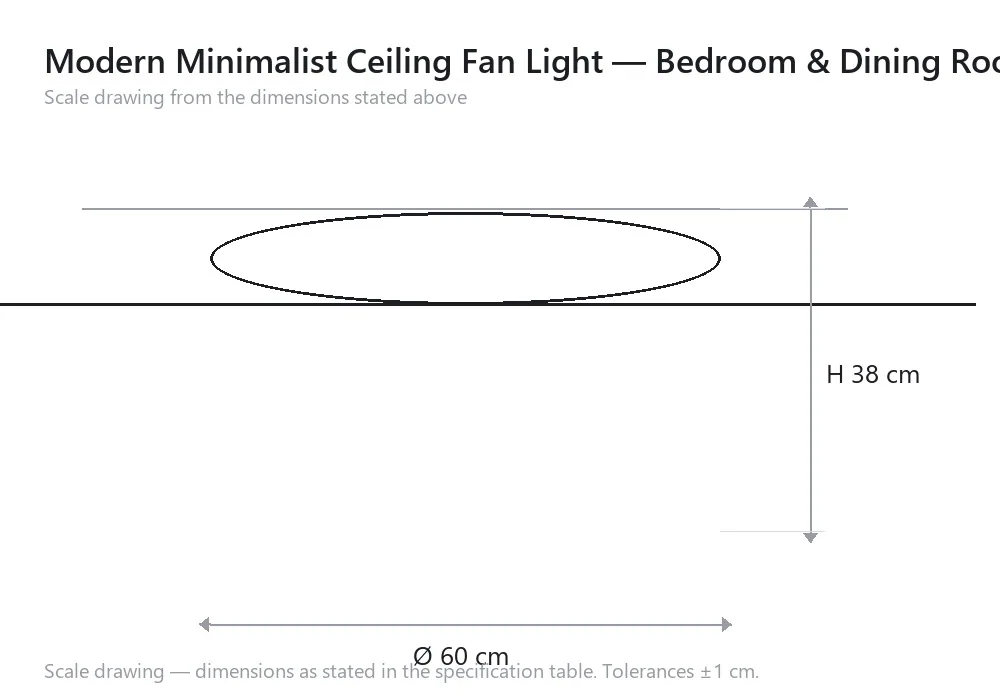 Modern Minimalist Ceiling Fan Light — Bedroom & Dining Room — scale drawing, Ø 60 cm × H 38 cm