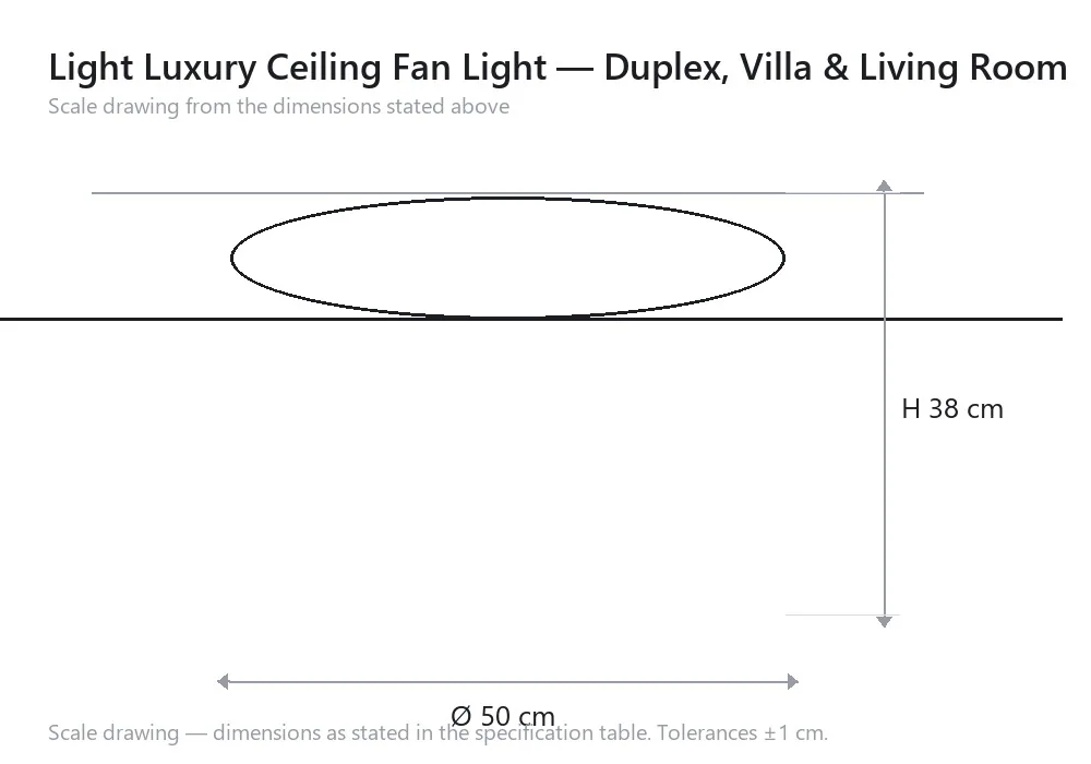 Light Luxury Ceiling Fan Light — Duplex, Villa & Living Room — scale drawing, Ø 50 cm × H 38 cm